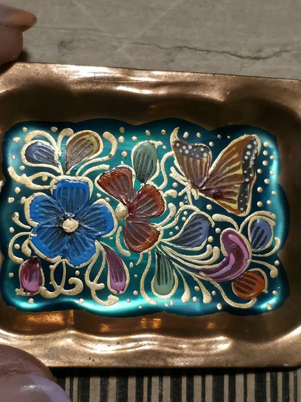 Vintage Mini Copper Enamel Tray Butterfly Floral Trinket Dish 2” Hand Painted